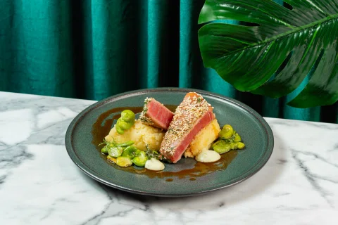 Atún sellado con vegetales y salsa verde.