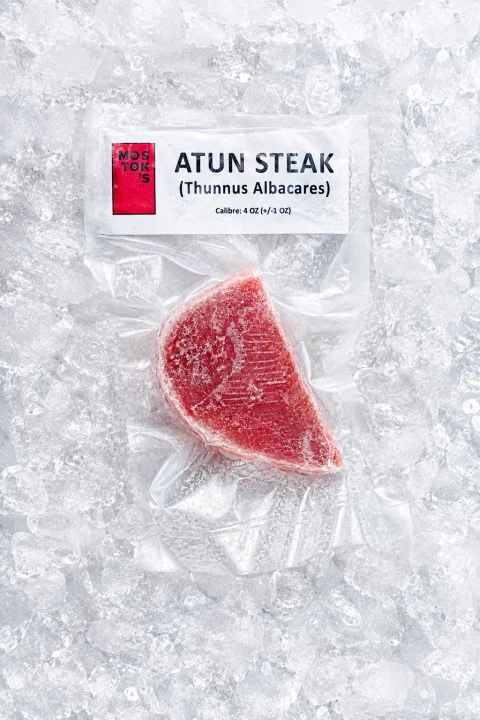 Atún steak en envase transparente sobre hielo.