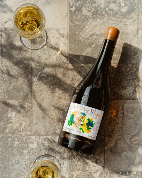 Botella de vino inclinada entre dos copas.