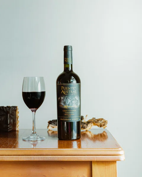 Botella de vino tinto y copa sobre mesa clara.