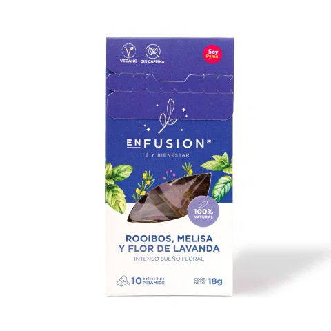 Caja azul de infusión herbal sobre fondo blanco.