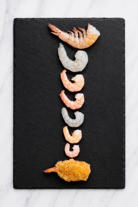 Camarones alineados sobre pizarra negra con salsa.