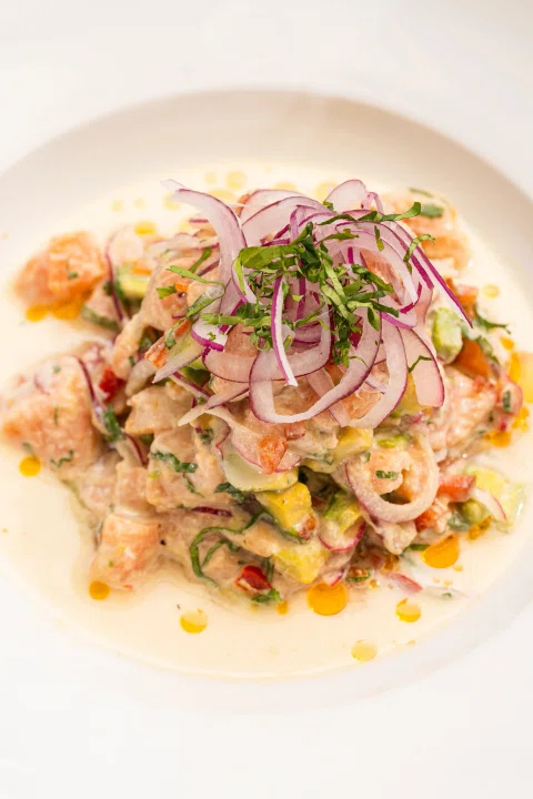 Ceviche con cebolla morada en plato blanco.