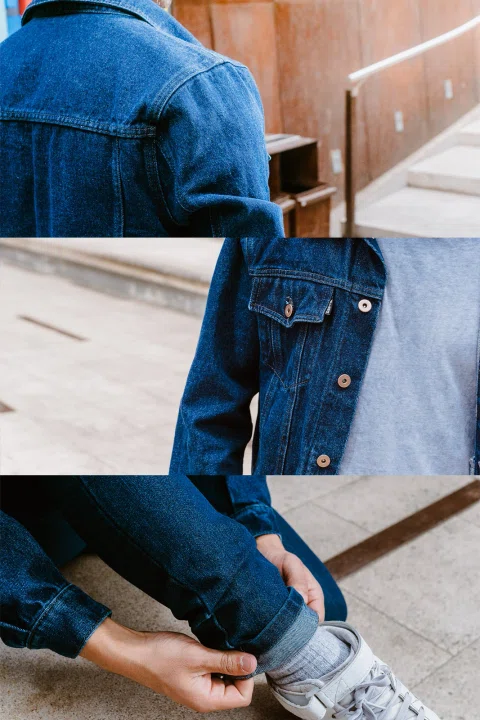 Detalles de prendas de denim presentados en collage.