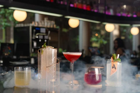 Cócteles sobre barra con ambiente de restaurante al fondo.