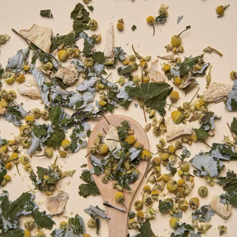Detalle cenital de hojas y flores secas para infusión.