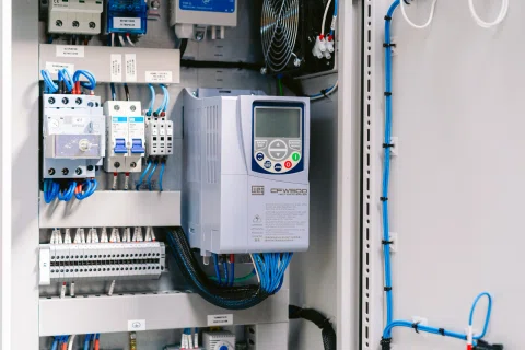 Detalle interior de gabinete eléctrico con variador.