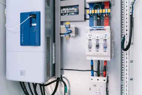 Detalle interior de tablero eléctrico con variador y cableado.