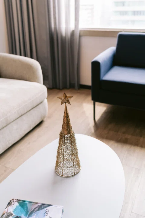 Detalle de mesa de centro y sillones en living.