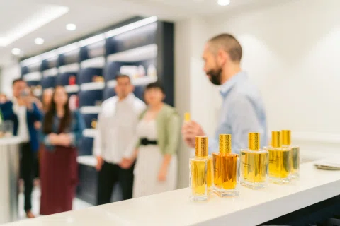 Frascos de perfume exhibidos sobre un mesón durante la inauguración.