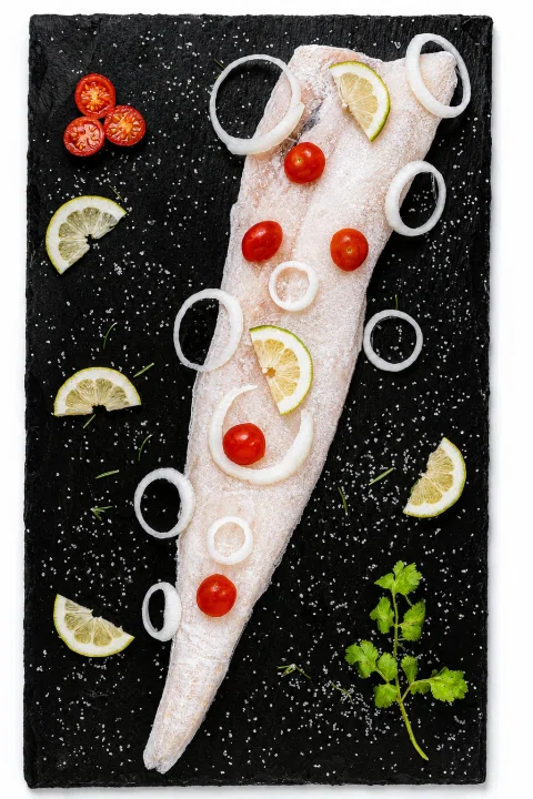 Filete de pescado blanco con tomates y aros de cebolla.