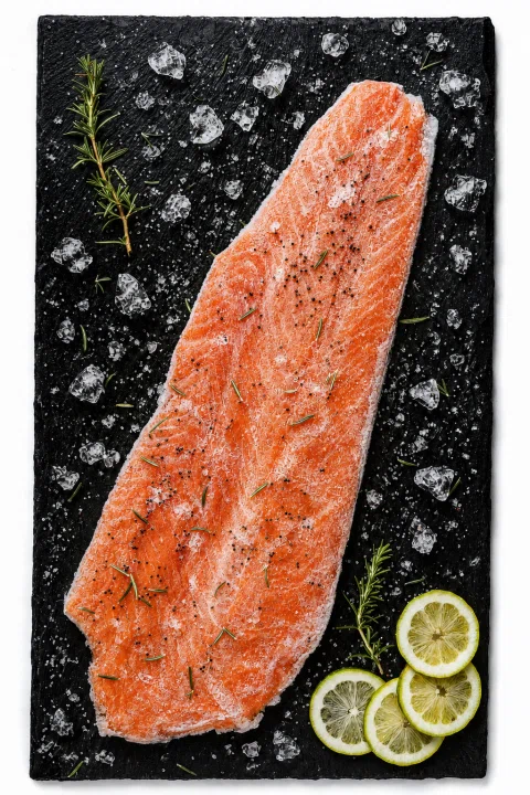 Filete de salmón condimentado con limón sobre una superficie oscura.