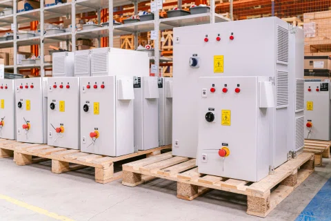 Gabinetes eléctricos terminados sobre pallets.