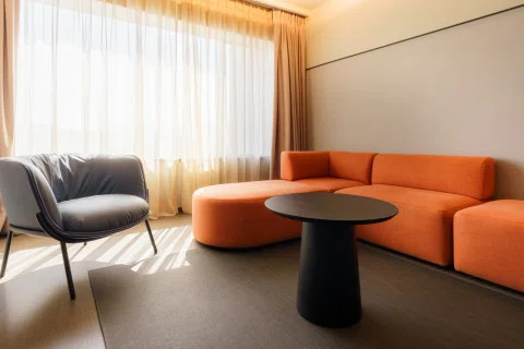Living de suite con sillón negro y sofá naranja.