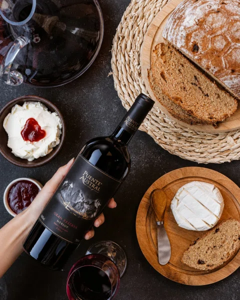 Mano sosteniendo botella de vino tinto en mesa de aperitivo.