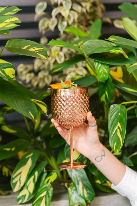 Mano sosteniendo cóctel en vaso texturizado frente a plantas.