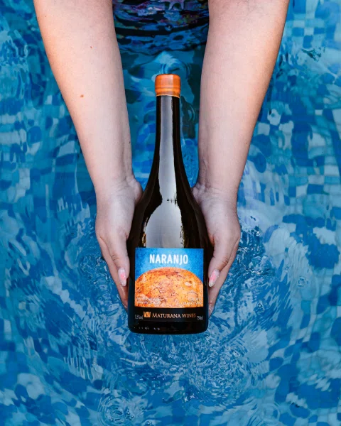 Manos sosteniendo botella de vino con etiqueta azul.