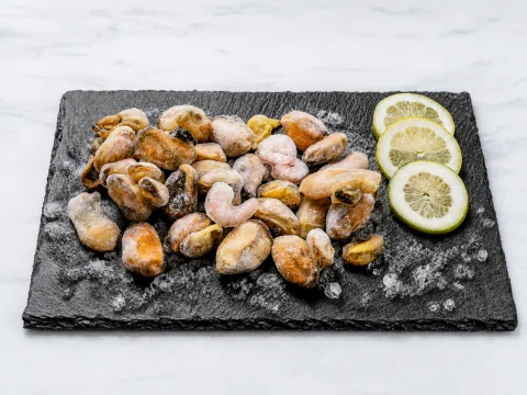 Mariscos cocidos agrupados sobre pizarra con limón.