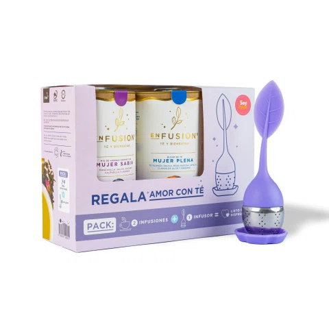 Pack promocional de infusión con accesorio morado.