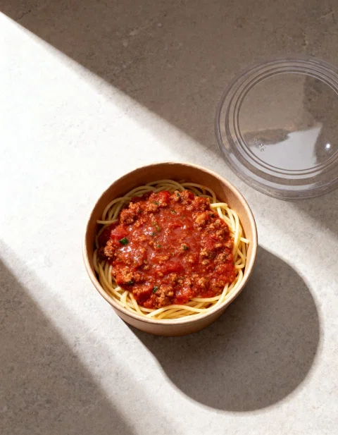 Resultado generado con IA: plato de pasta iluminado por luz directa y una sombra marcada.