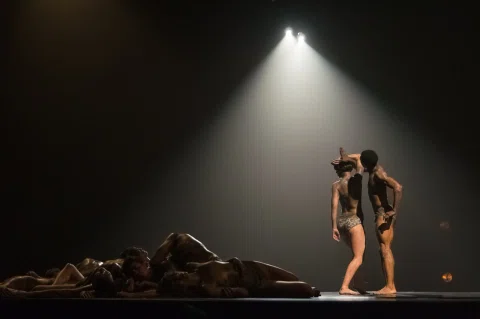 Artista realiza una performance de danza bajo un foco de luz.