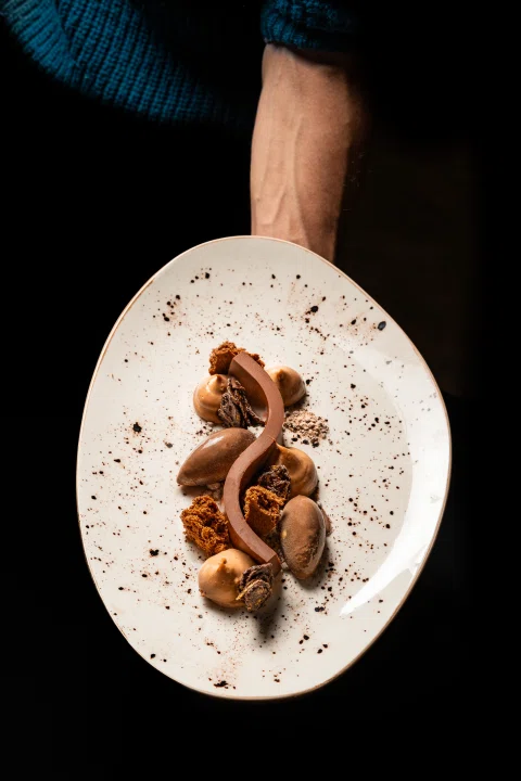 Plato de postre de chocolate sostenido por una mano.