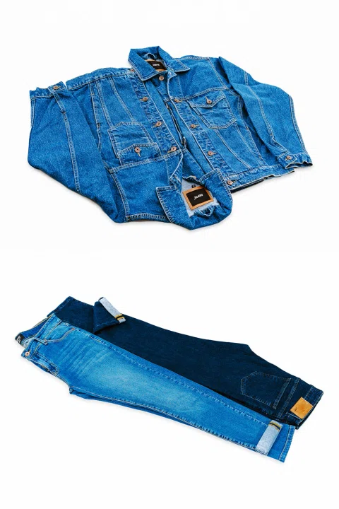 Prendas de denim presentadas sobre fondo blanco.