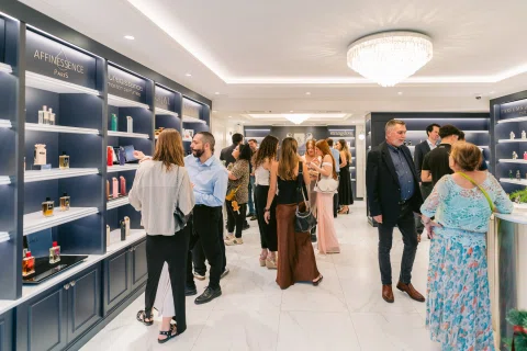 Invitados recorren el interior de una perfumería durante la inauguración.