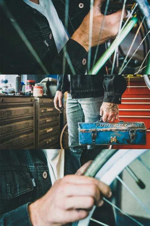 Detalles de vestuario y accesorios de trabajo presentados en collage.