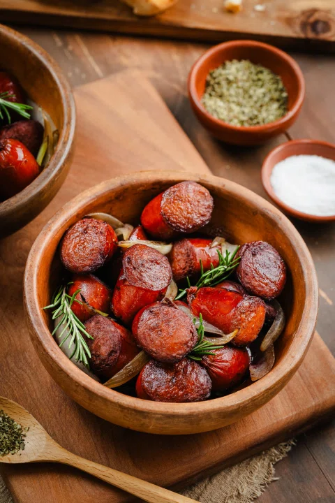 Salchichas vegetales asadas en bowl de greda.