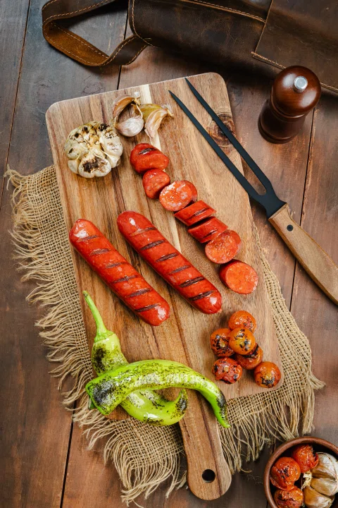 Salchichas vegetales rojas sobre tabla de madera.