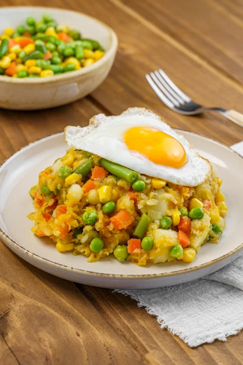 Salteado de vegetales con huevo frito.