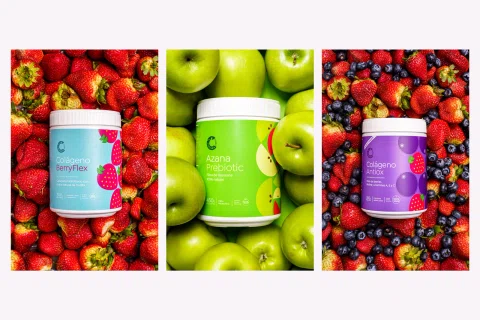 Suplementos presentados junto a frutas asociadas a cada producto.