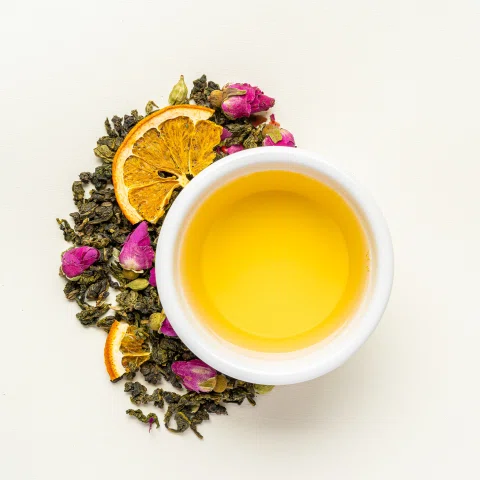 Taza de infusión amarilla con flores y cítricos secos.