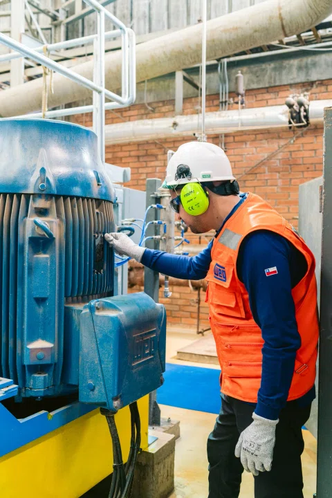 Técnico WEG revisando motor industrial.