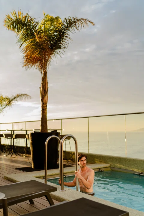 Terraza de piscina con palmera y vista al mar.