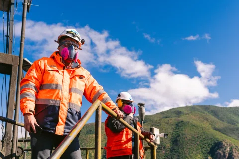 Trabajador WEG descendiendo por escalera industrial.