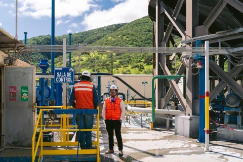 Trabajadores WEG junto a estructura de control en planta.